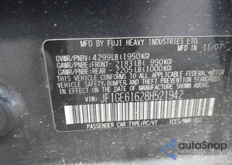 2008 Subaru Impreza 2.5I from USA, damaged, VIN JF1GE61628H521942